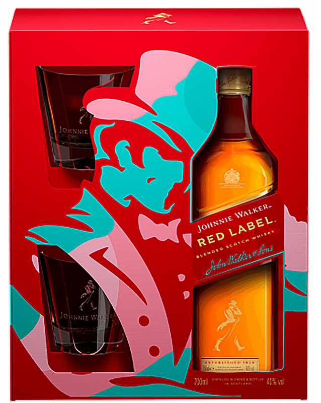 Джонни Уокер Рэд Лэйбл Блендед купажированный виски в подарочной упаковке с двумя бокалами 0.7 л